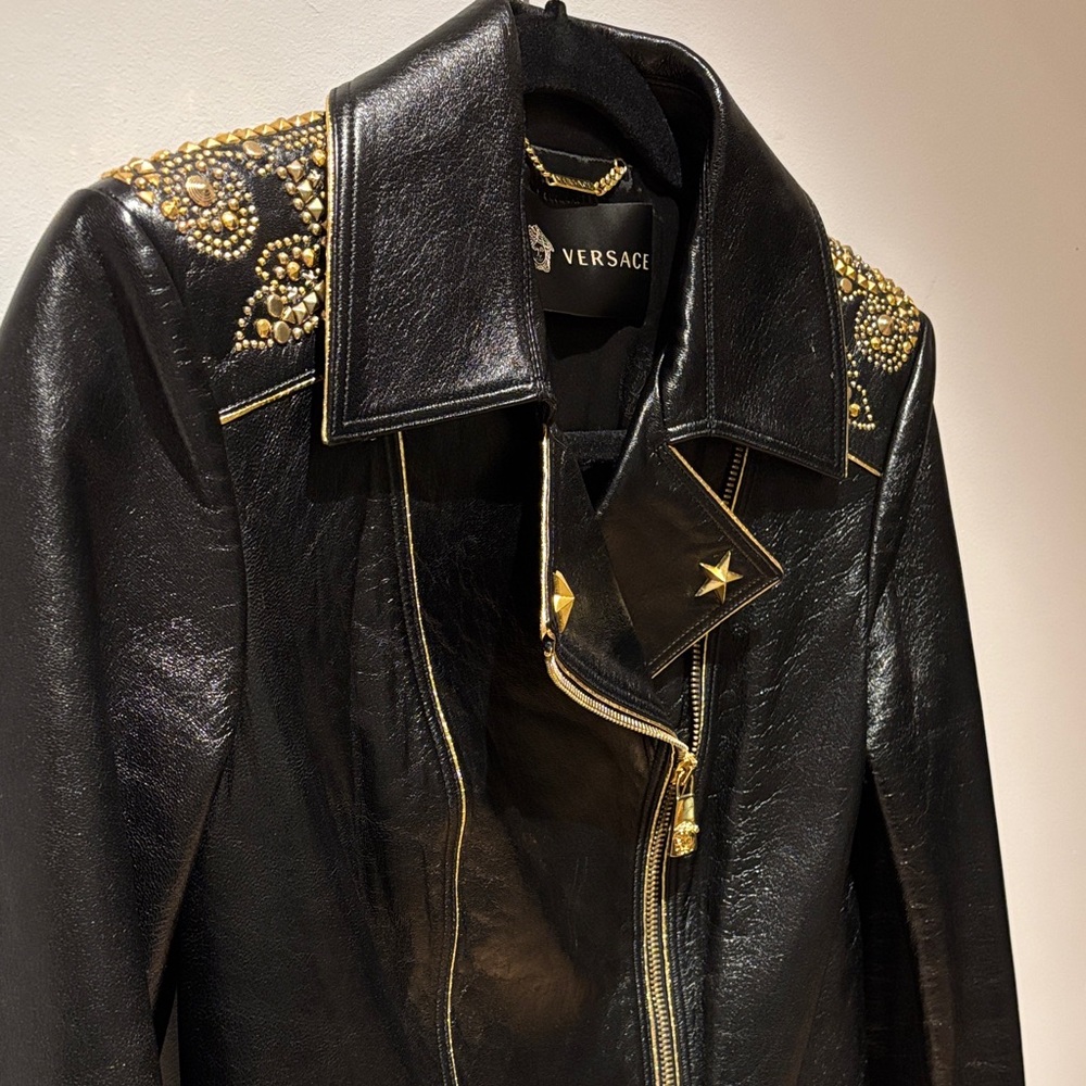 Versace Black Leather Jacket with Gold Studs